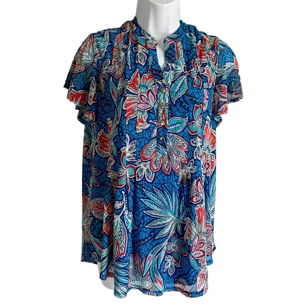 Ava & Grace Short Sleeve Quarter Button Lined Floral Top Women's Medium NEW - Picture 2 of 9